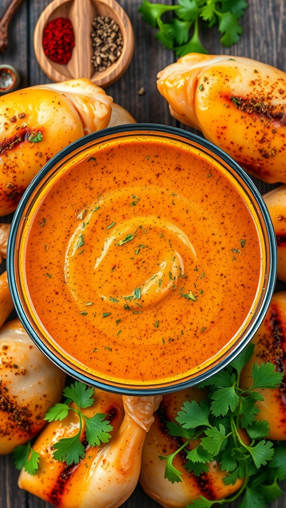 A bowl of tandoori spice marinade with chicken, surrounded by fresh herbs and spices.